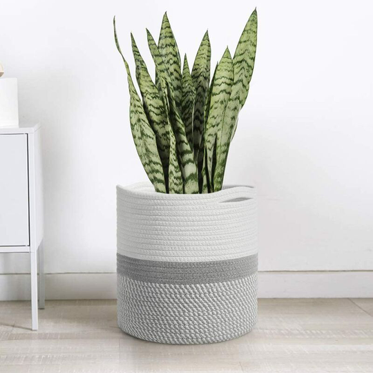 Woven Cotton Rope Plant Basket for 10' Flower Pot Floor Indoor Planters, 11" x 11" Storage Basket Organizer Modern Home Decor, Grey and White Stripes