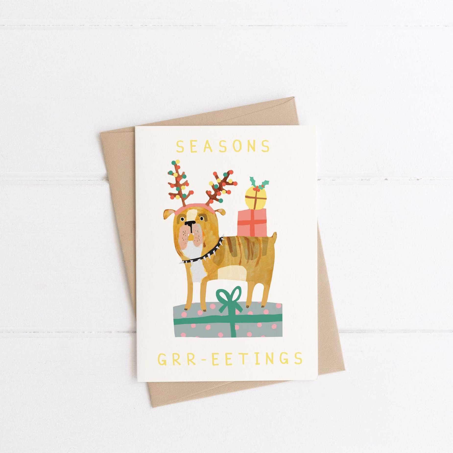 Seasons Grr-Eetings Bulldog Christmas Card | Dog Merry Star Greeting Eco-Friendly Recycled Hand Painted
