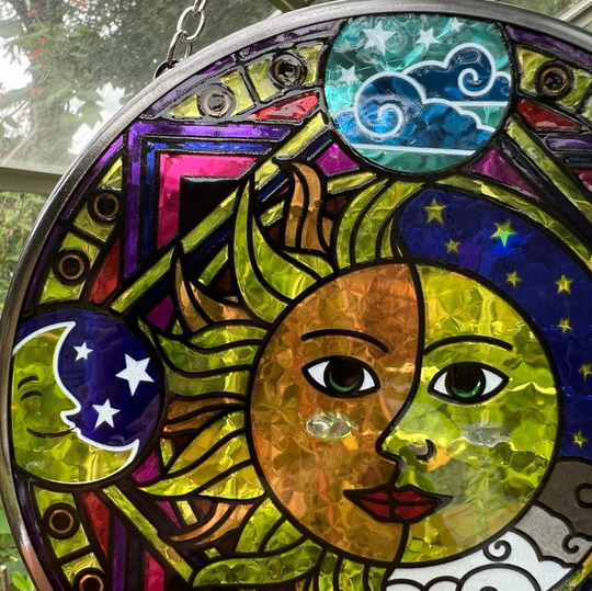 Glass Sun Catcher With & Moon Design Four Seasons Border | Chain For Hanging Colour Catcher Window Decoration Conservatory
