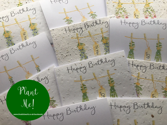 Herb Print Personalised Birthday Cards, Plantable Wildflower Or Seed Paper Attached To Recycled White Card