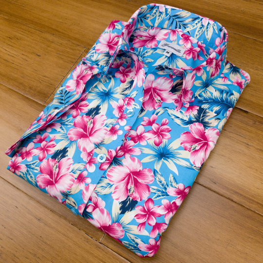 Grenouille Ladies Cap Sleeve Blue & Pink Tropical Print Shirt/Blouse | Signature Shirts Mother's Day Birthday Gift