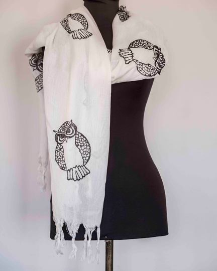 Shawl, Scarf, Hand Printed Organic Willow Fiber Scarf/ Shawl/ Wrap, Natural Soft Pashminas, Autumn Wraps, Owl Shawl