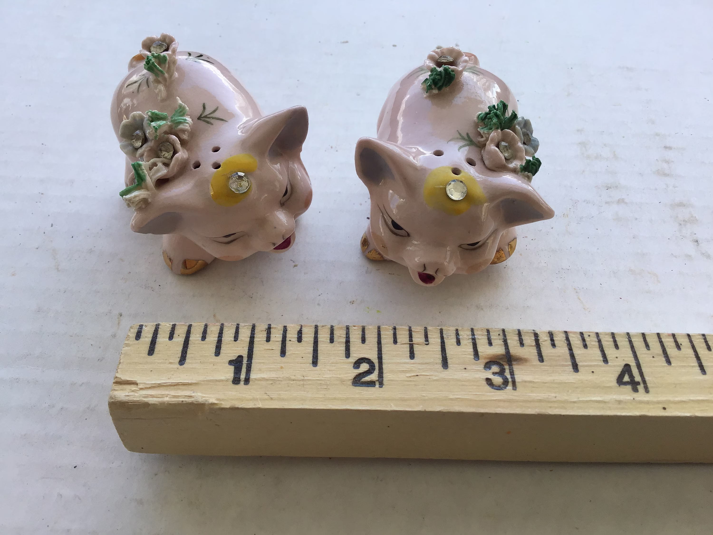 Vintage Porcelain Piggies - Pig Salt & Pepper Shakers With Pretty Flowers, Rhinestones, Intact Japan Label Cork Stoppers. #1670