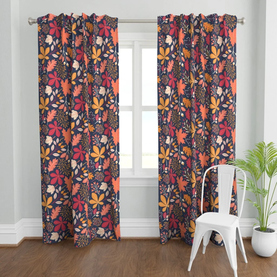 Autumn Leaves Curtain Panel - Botanicals Dark Blue By Handypanda Thanksgiving Seasonal October Custom Spoonflower