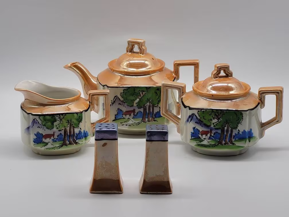 Royal Nippon Tea Set, Iridescent Copper & Blue Hand Painted Porcelain, Pot, Cream & Sugar Bowl, Salt & Pepper Shaker