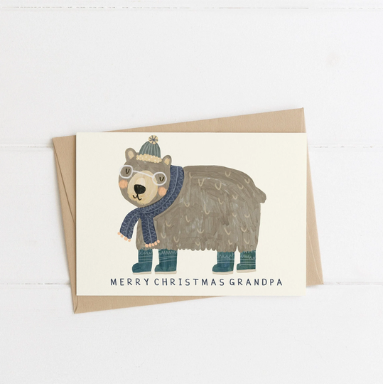 Grandpa Bear Christmas Card | Grandad Gramps Pop Grandfather Xmas Merry Seasons Greeting Happy Holidays Eco-Friendly Recycled Hand Painted