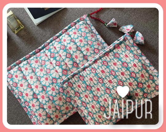 Zero Waste Organic Cotton Block Print Zipper Pouch, Sustainable Handmade Design, Blue Make-Up Kit - Gift For Her