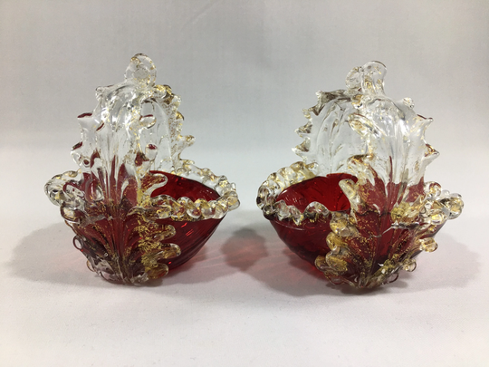 Vintage Italian Avem Murano Glass ~ | 2 Hand Blown Ruby Red & Gold Aventurine Art Glass Baskets/Open Salt Dishes 1950's Mcm Collectibles