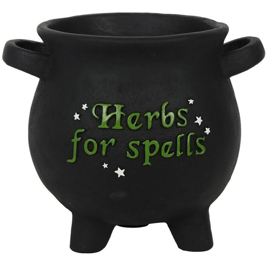 Herbs For Spells Cauldron Plant Pot (17.5cm x 21cm x 21cm) (Black/Green) - Black/Green - Something Different