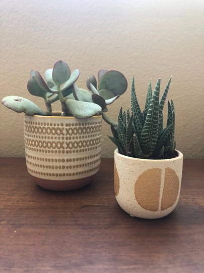 Beige Planter With Mustard Geometric Design