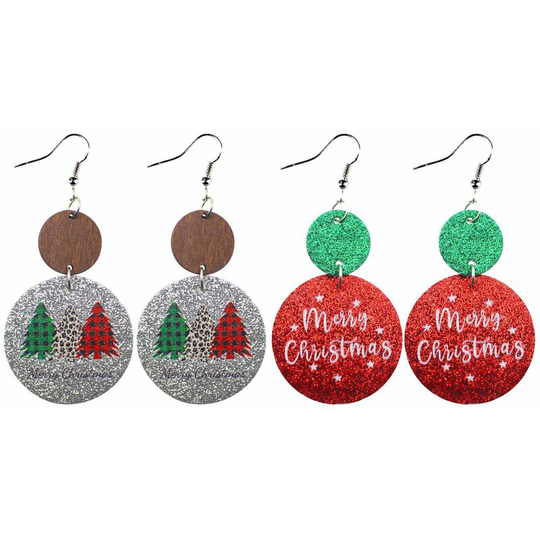 Ilovemilan - 2 Pairs Christmas Leather Round Earrings Fine Powder Frosted Sequins pu Xmas Tree Wood Blocks