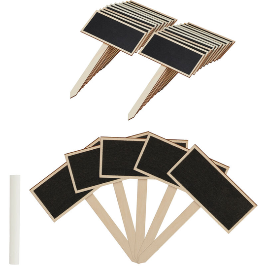 Plant Labels With Blackboard & Stick, Pack of 24, Flower & Herb Pots Labelling Tags, HxW 14x9cm, Wood, Natural - Relaxdays