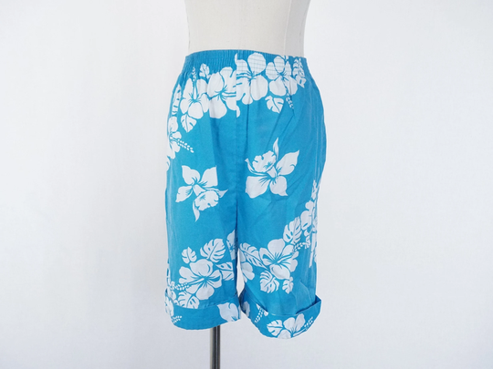 Vintage S.a.m. California Blue & White Floral Hawaiian Hibiscus Flower Beach Bermuda Shorts Elastic Waistband Youth Size 12 Made in U.s.a