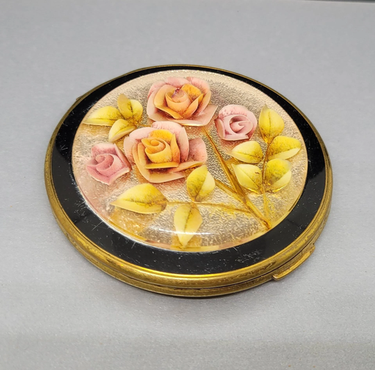 Melissa Vintage Powder Compact Lucite Reverse Carved Pink Roses Rosegold