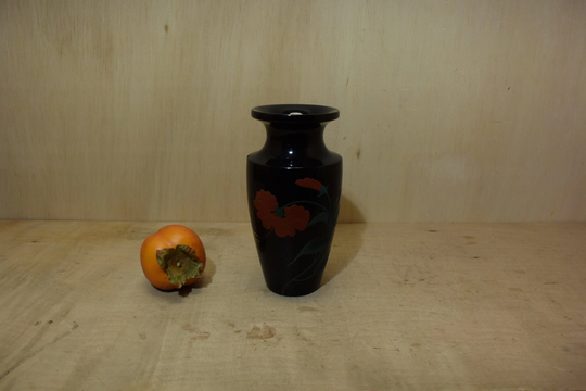 Vintage Japanese Black Lacquer Wooden Vase Ikebana Red Hibiscus Flower
