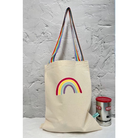 Rainbow Embroidered Handle Tote Bag, Organic Cotton Tote, Shopping Pride Eco Friendly Partnerships