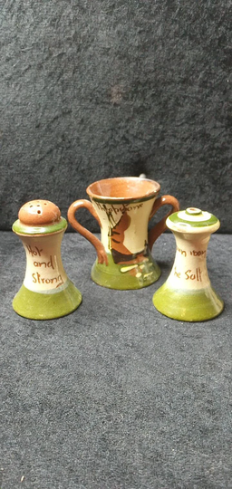 Lovely Naive Vintage Motto Ware Salt & Pepper Shakers With A Matching Two Handled Cup .featuring Joyously Hand Painted Sailing Boats