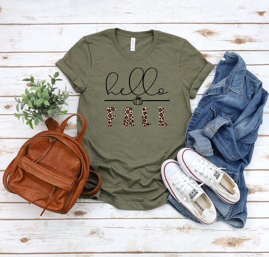 Hello Fall Shirt, Autumn Shirt, Leopard Print Lover Thanksgiving Tee, Season Tee, Long Sleeve