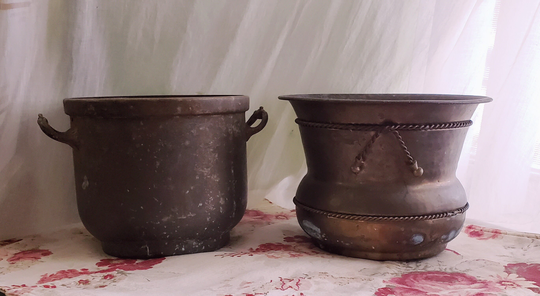Two Vintage Planters, Solid Brass, Enesco Hammered, Rope Tassel Trim Pot, & Double Ear Handles Indoor Or Outdoor, Cache, Flower Garden