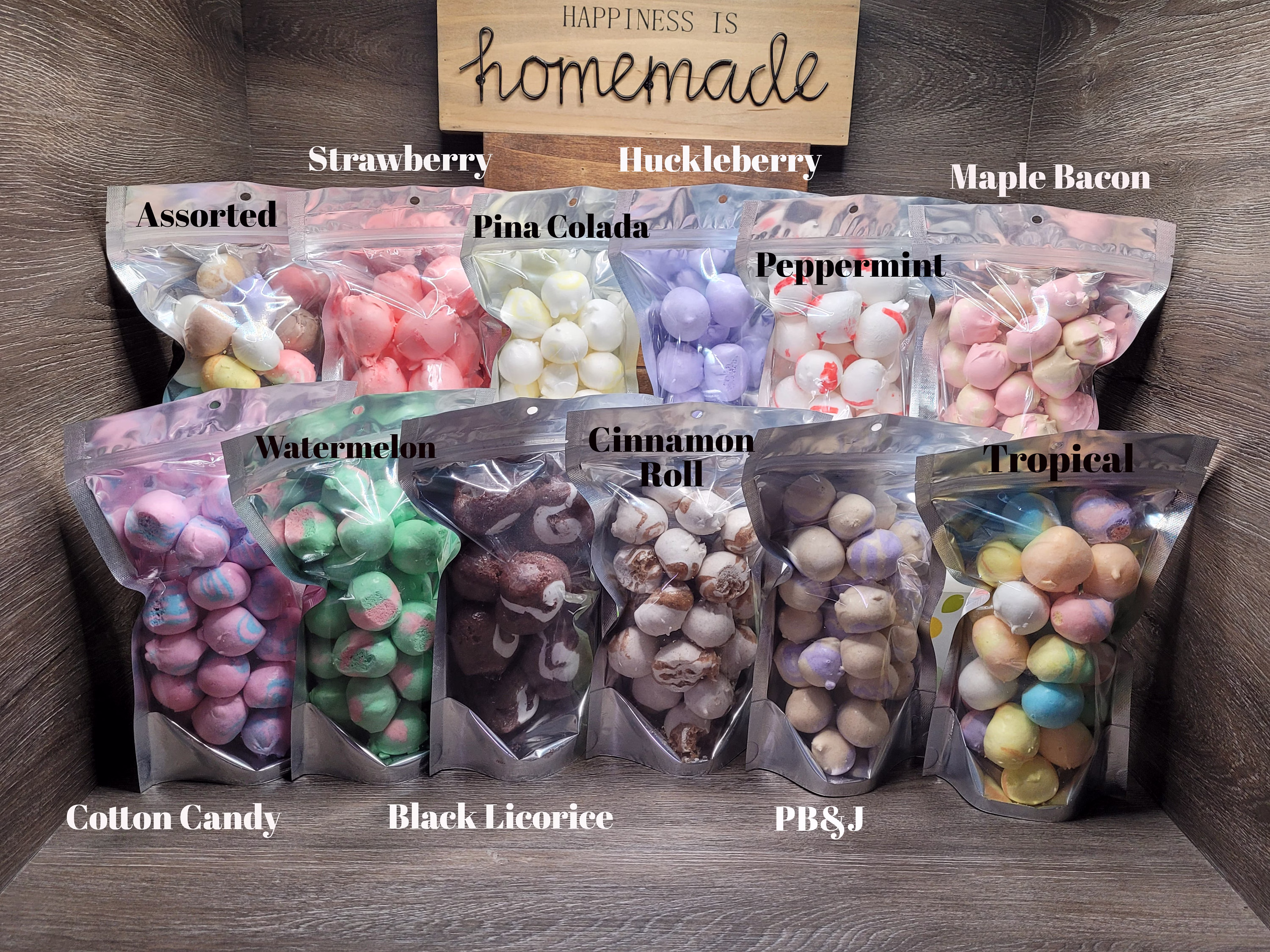 Muliple Flavors Freeze Dried Salt Water Taffy - Banana, Vanilla, Berries & Cream, Cotton Candy, Dessert, Cinnamon, Chocolate