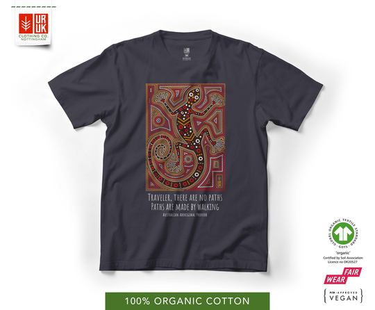 Uruk Organic Cotton T Shirt For Men & Women - Eco-Friendly Crew Neck Shirt. Aboriginal Lizard India Ink Grey