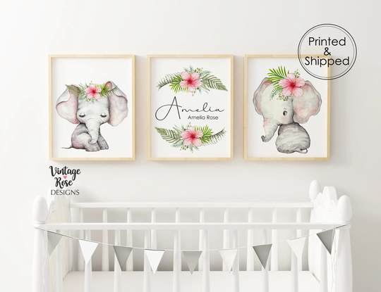 Set Of 3 Nursery Prints, Elephant Print, Decor, Art, New Baby Gift, Personalised Girls Decor