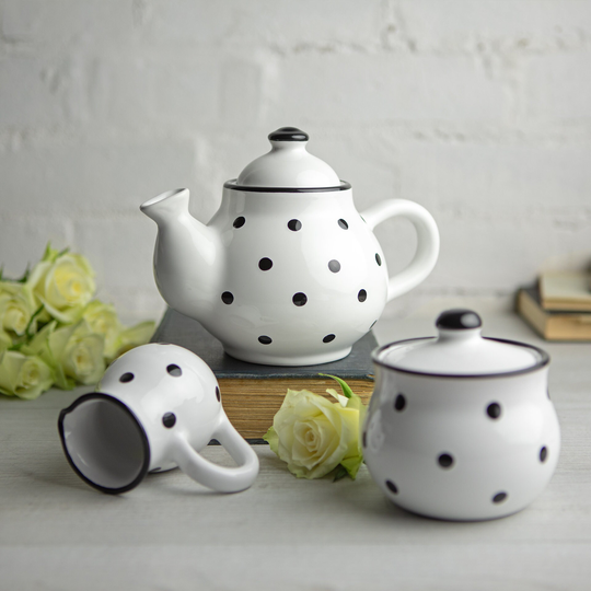 White Ceramic Tea Set, Handmade Teapot Small Teapot, Milk Jug, Sugar Bowl Stoneware Pottery With Black Polka Dot
