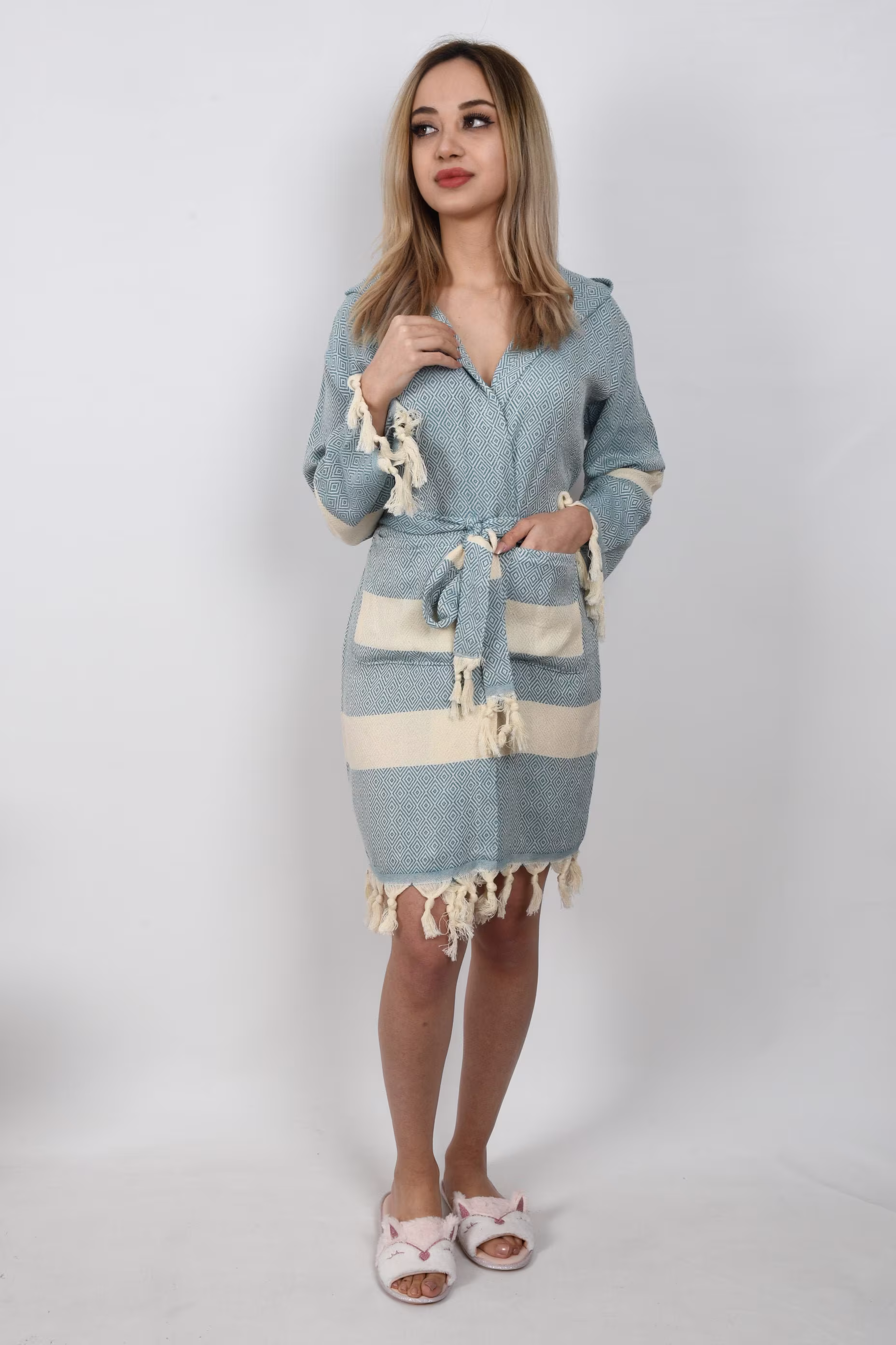 Cotton Housecoat, Beach Robe, Organic Bathrobe, Turkish Soft Dressing Gown, Petrol Blue Kimono, Diamond Design Pajama, Bathrobe