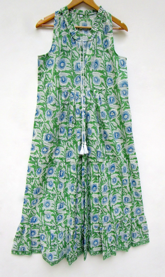 Summer Season Floral Printed Cotton Ruffle Maxi Dress - Sleeve Less Bohemian Style -Henley Neckline With Tassel