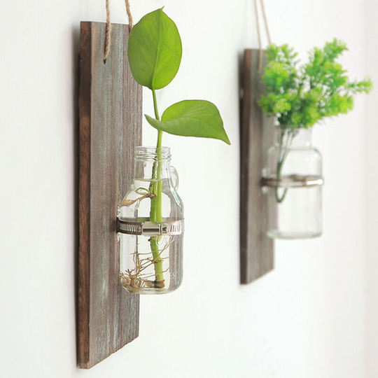 Livingandhome - Wall Hanging Wood Frame Glass Vase Home Decor