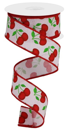 Cherries On Powder Pink Wired Edge Ribbon, 1.5