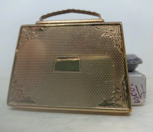 Gold Suitcase Powder Compact By Mascot Of London C1950's Presented in Original Gift Box With Carry Pouch