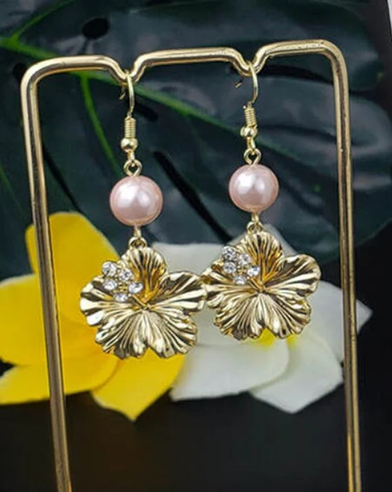 Hibiscus Cz Pink Pearl Earrings - Gifts For Her Mom Everyday Jewelry