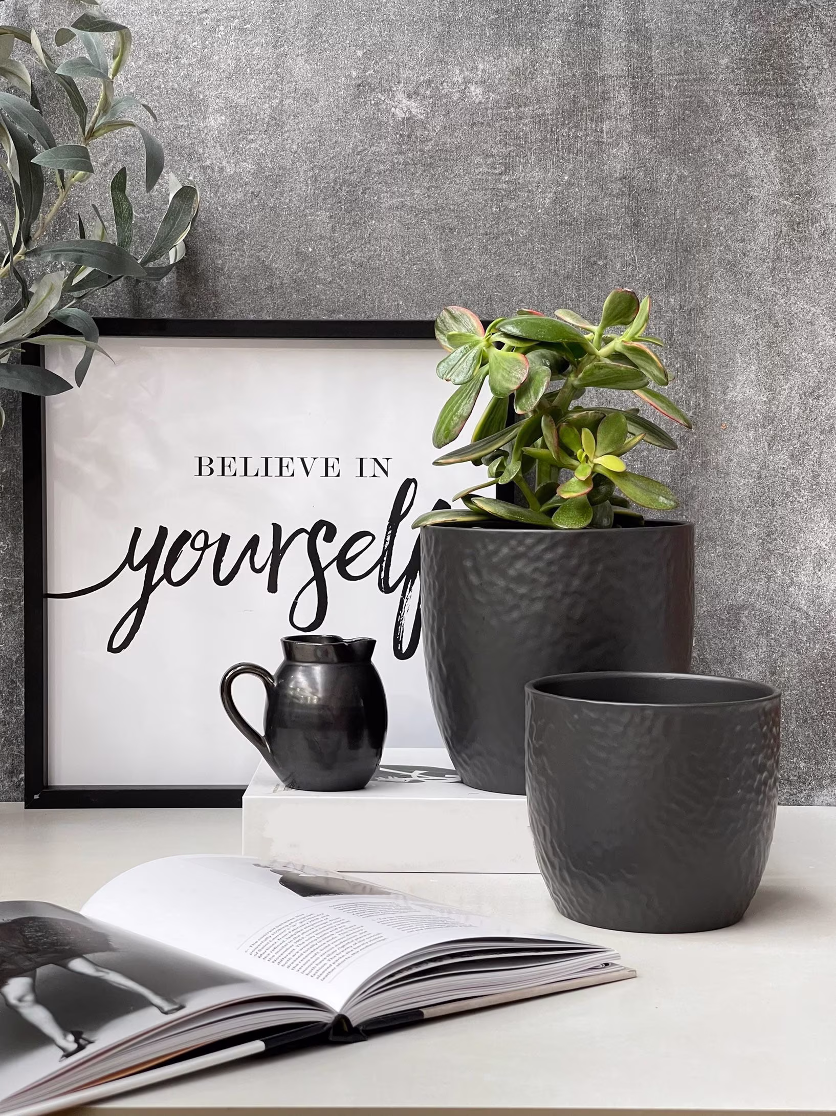 Indoor Matte Black Ceramic Planter, Matching Plant Pots, 2 Sizes 12cm/16cm