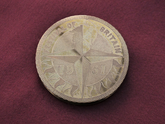 Vintage 1951 Brass Festival Of Britain Powder Compact, With Fob Logo, Includes Original Sifter, | Sold As Seen