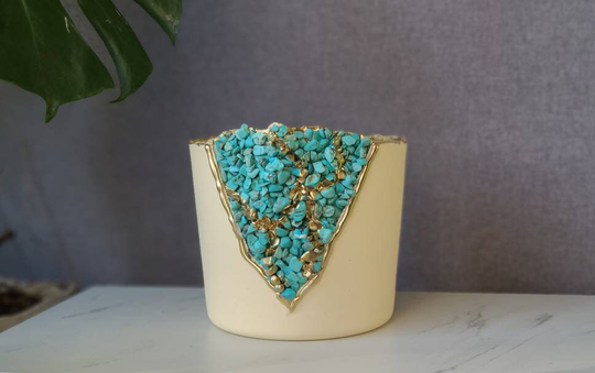 6 Inch Geode Pot - Tourquise Gemstone Cylinder Small Home Decore Concrete Decorative Gold