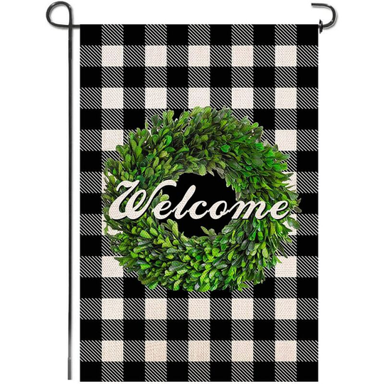 Briday - Welcome Boxwood Wreath Buffalo Check Plaid Burlap Garden Flag, Double Sided Premium Material, Seasonal Fall Decor Outdoor Decorative Flags