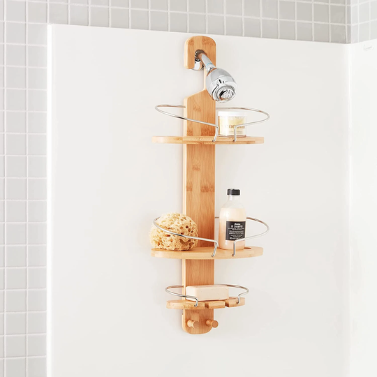 Bamboo Hanging Shower Caddy With 3 Shelves | Organizer Storage Shelf Rack Accessories