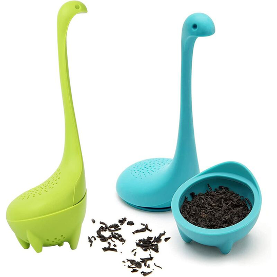 Devenirriche - Silicone Tea Filter, Cute Long Handle Loose Leaf Infuser Strainer 2 More Sets Loch Ness Monster Shaped (Green + Blue)