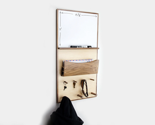 Mail Holder Dry Erase Board, Entryway & Home Office Organizer, With Hooks, Coat Rack, & Key Holder, Modern, Walnut, Maple