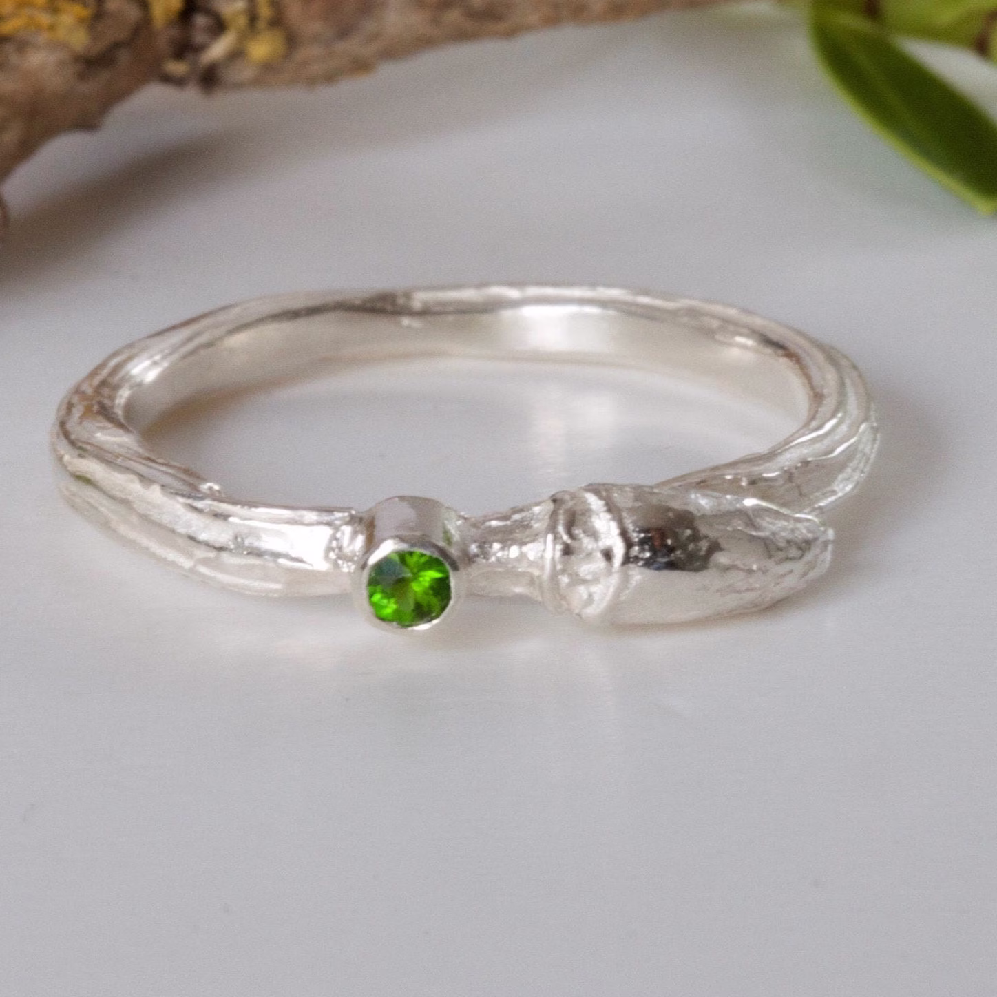 Silver Bud Ring-Organic Diopside Gemstone Twig Ring