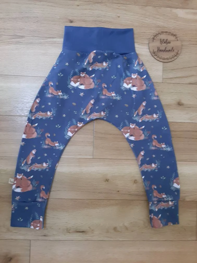 Woodland Fox Harems, Organic Blue Harem Leggings, Fox Playful Harems