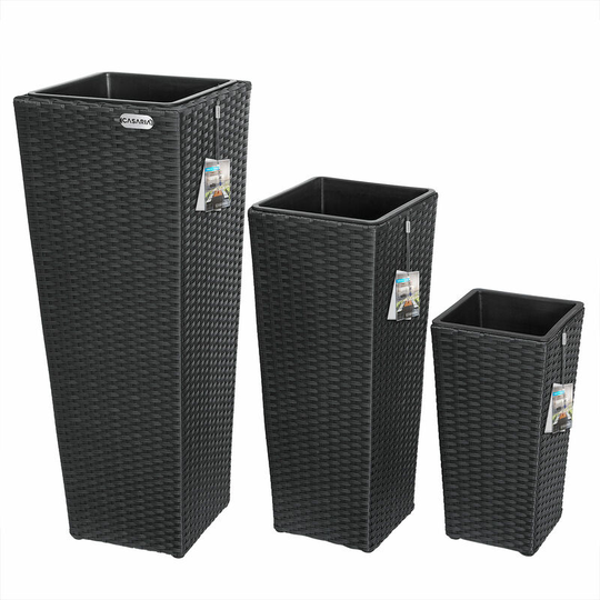 Poly Rattan Planter Set 3 Pcs Flower Outdoor Garden Patio Planters Square Tube Black