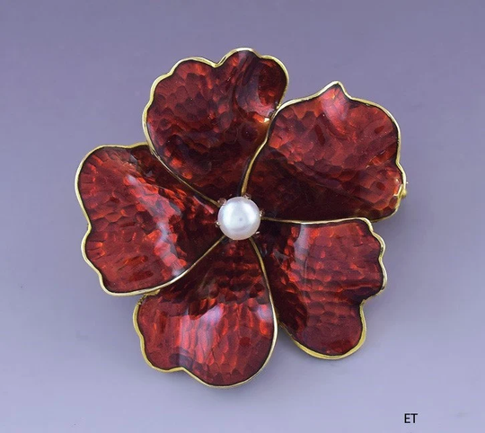 C1890S 18K Gold Vibrant Red Enamel Natural Pearl Hibidscus Flower Pin