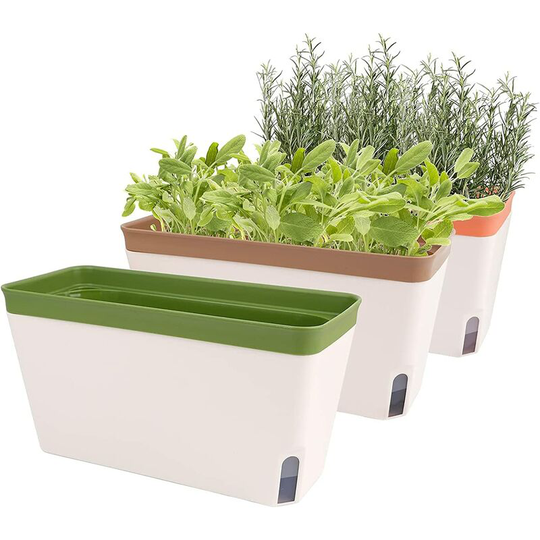 Benobby Kids - Self Watering Plant Pots, Set of 3 10.5 Inch Rectangular Windowsill Herb Planter Box, Modern Plastic Flower Pots for Indoor Outdoor