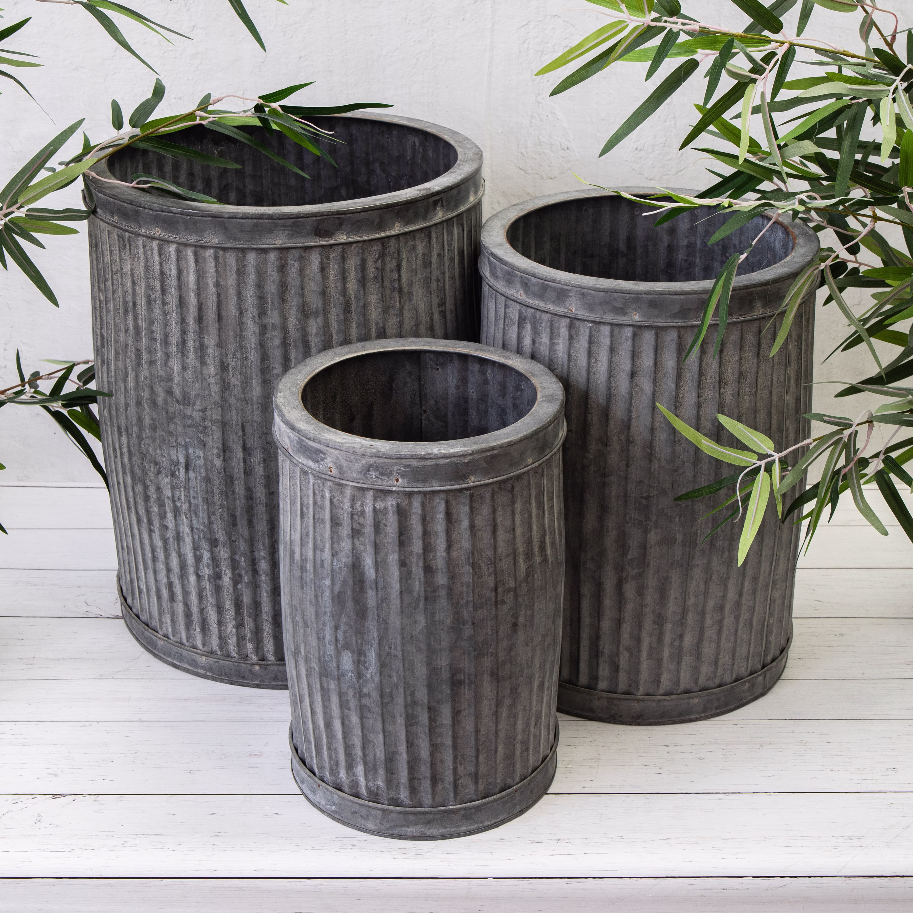 Large Ribbed Vintage Galvanised Metal Dolly Tub Planters Garden Flower Plant Pots