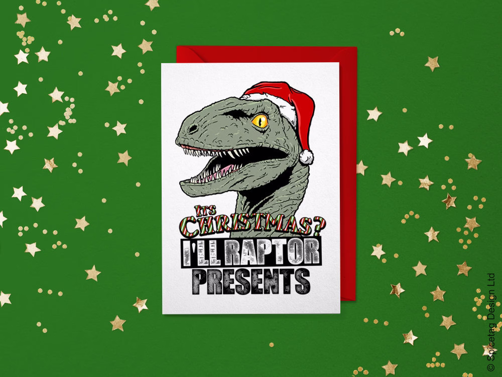 Christmas Card I'll Raptor Presents Seasons Greetings Cards Retro Father Xmas 80's St. Nick Merry Happy T-Rex Life Hat Pop Culture Movie New