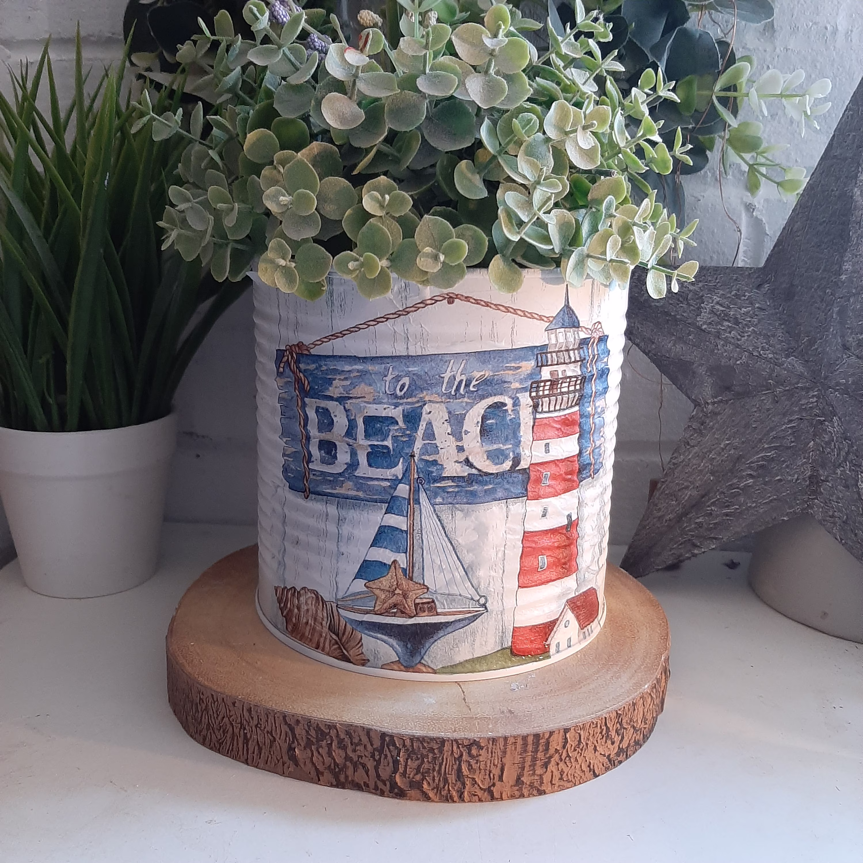 Rustic Beach Decoupaged Tin Pot. Plant Utensil Container. Brush