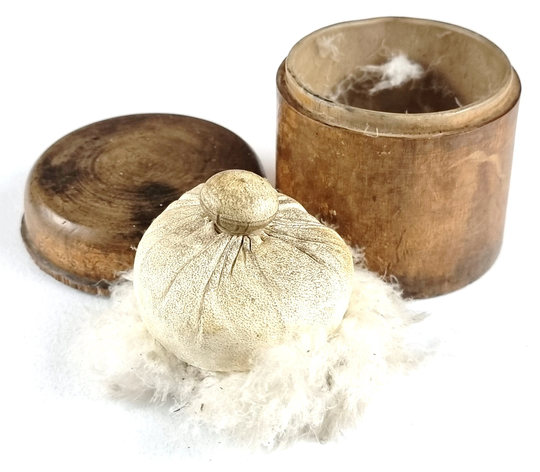 At Fault, Unusual Antique, Antique Treen Box, Power Puff, Wig Powder Judges Wig, Curiosity, Distressed Look, Vanity Theme