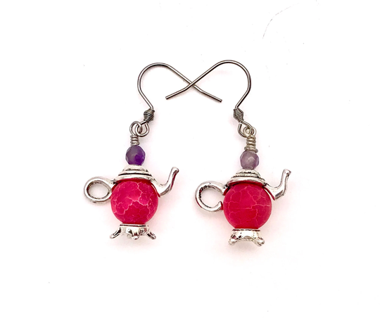 Teapot Earrings Frosted Agate Dangle Green Tea Color Cute Kawaii Drinking Charm